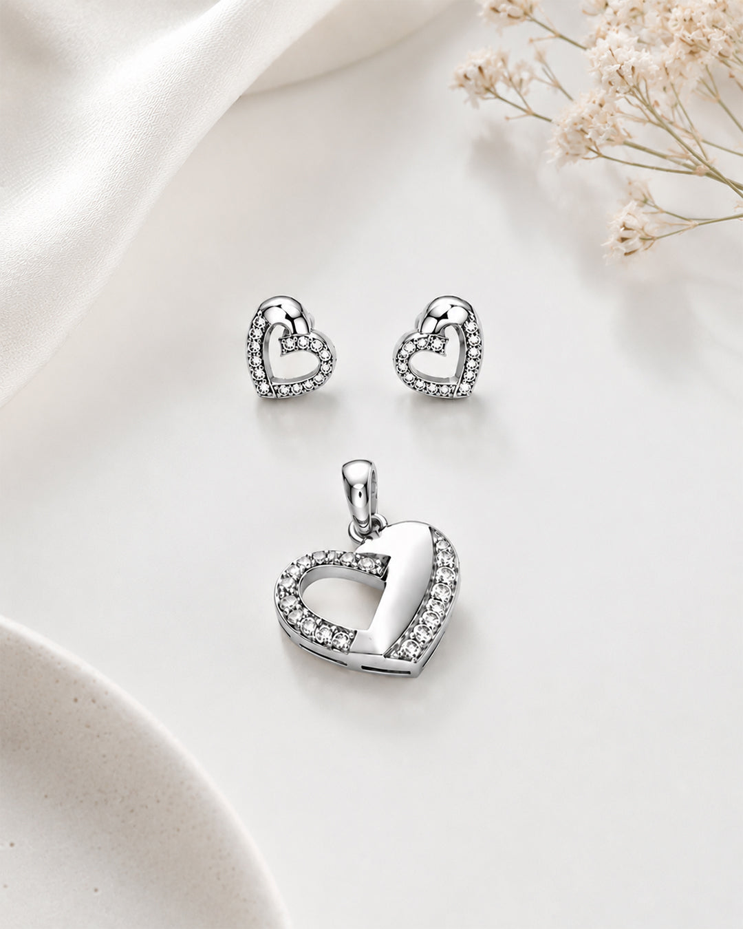 Open Heart CZ Silver Pendant & Stud Set