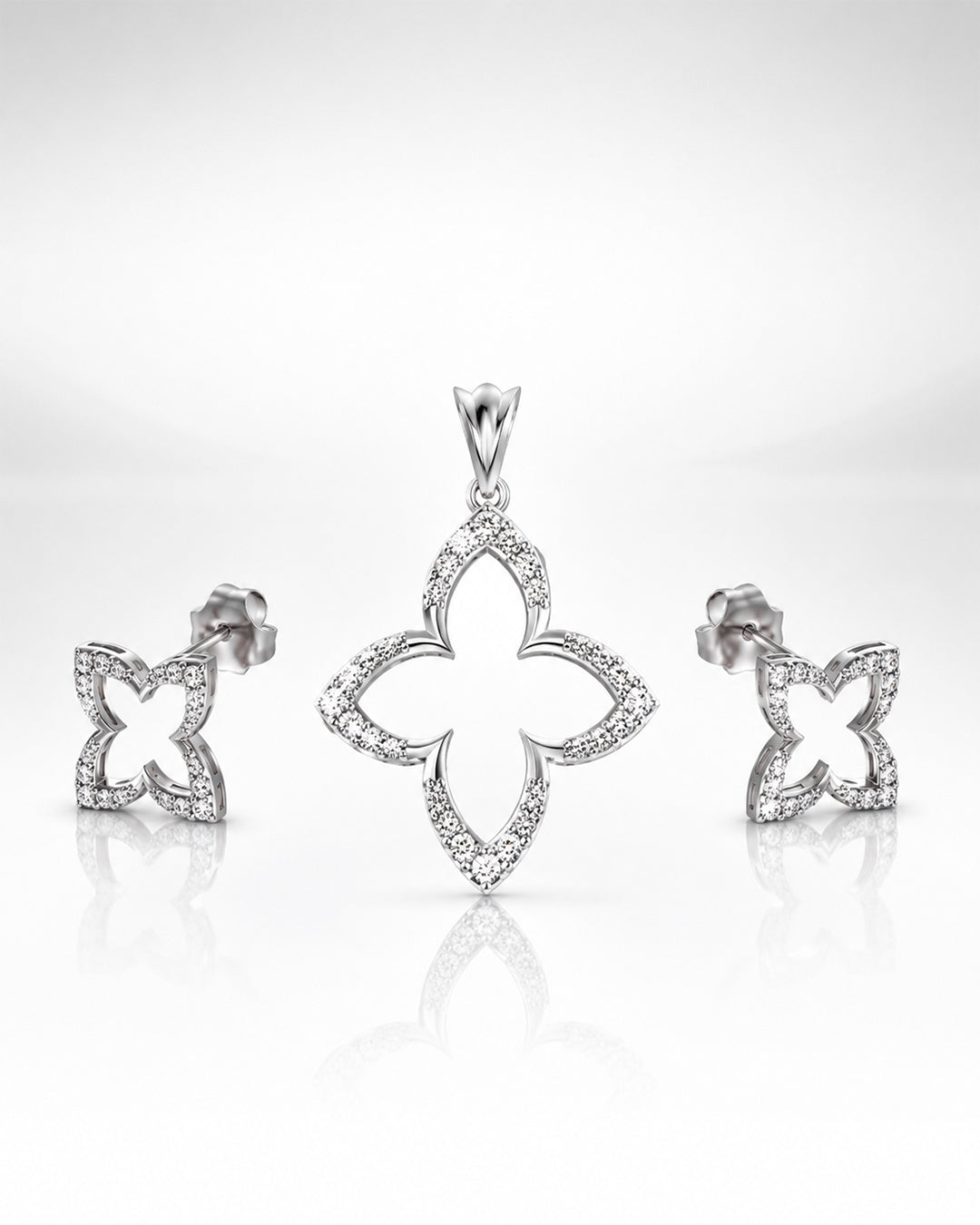 Four-Petal Star Flower CZ Silver Pendant & Stud Set