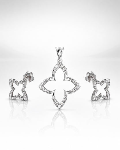 Four-Petal Star Flower CZ Silver Pendant & Stud Set