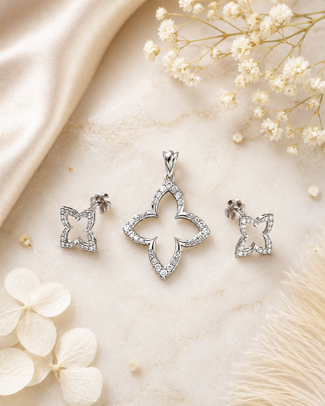 Four-Petal Star Flower CZ Silver Pendant & Stud Set