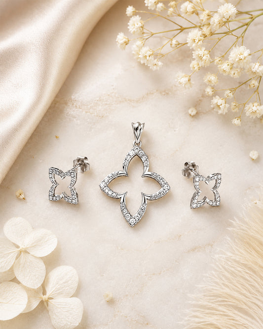 Four-Petal Star Flower CZ Silver Pendant & Stud Set