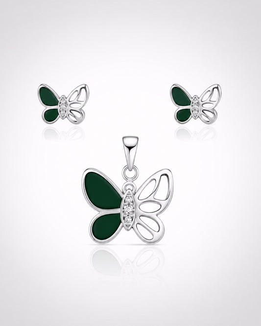 Green Enamel Butterfly Pendant & Stud Set