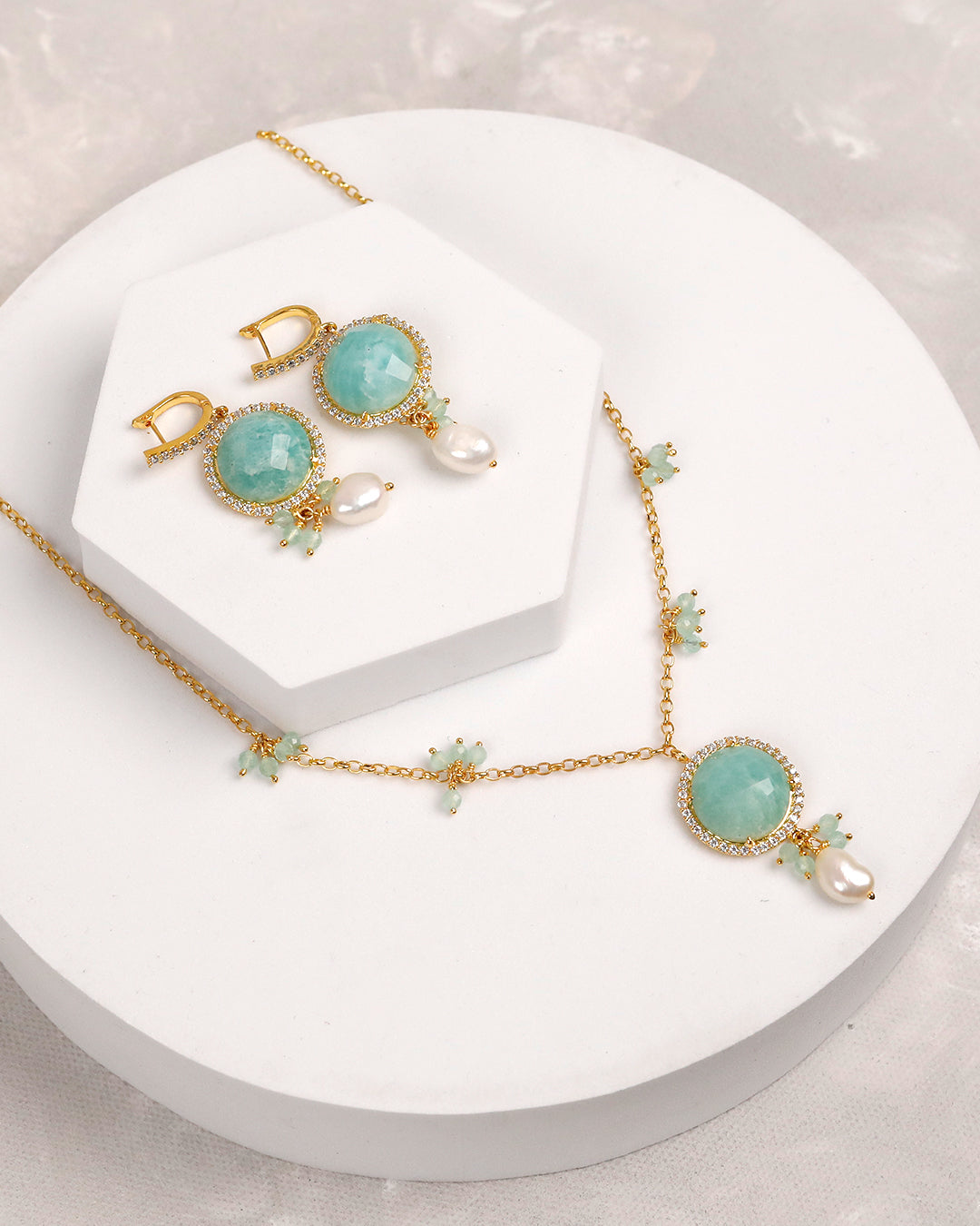 Amazonite & Freshwater Pearl Gold Necklace & Earring Set