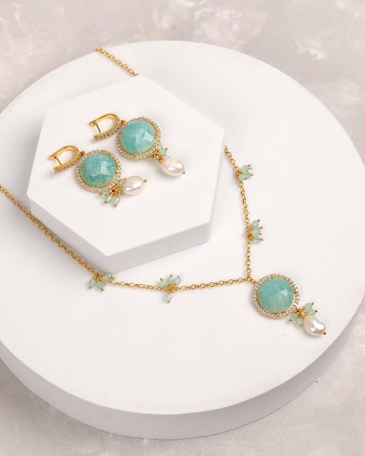 Amazonite & Freshwater Pearl Gold Necklace & Earring Set