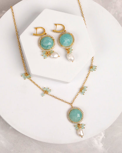 Amazonite & Freshwater Pearl Gold Necklace & Earring Set