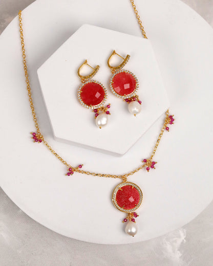 Red Jade & Pearl Gold Necklace & Drop Earring Set
