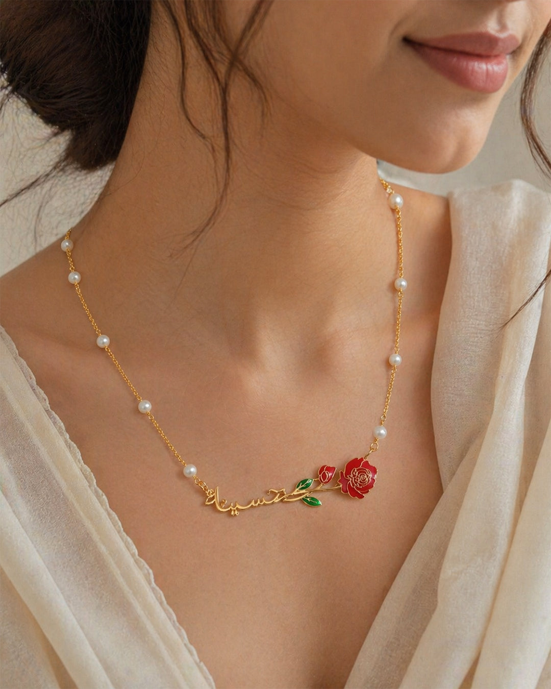 Arabic Name Rose Enamel Pearl Chain Necklace