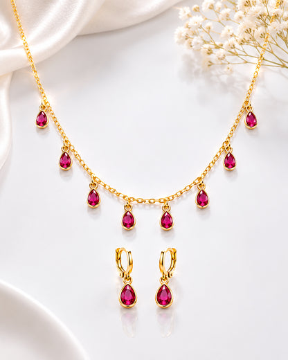 Ruby Teardrop Bezel Charm Necklace & Huggie Earring Set