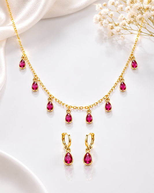 Ruby Teardrop Bezel Charm Necklace & Huggie Earring Set