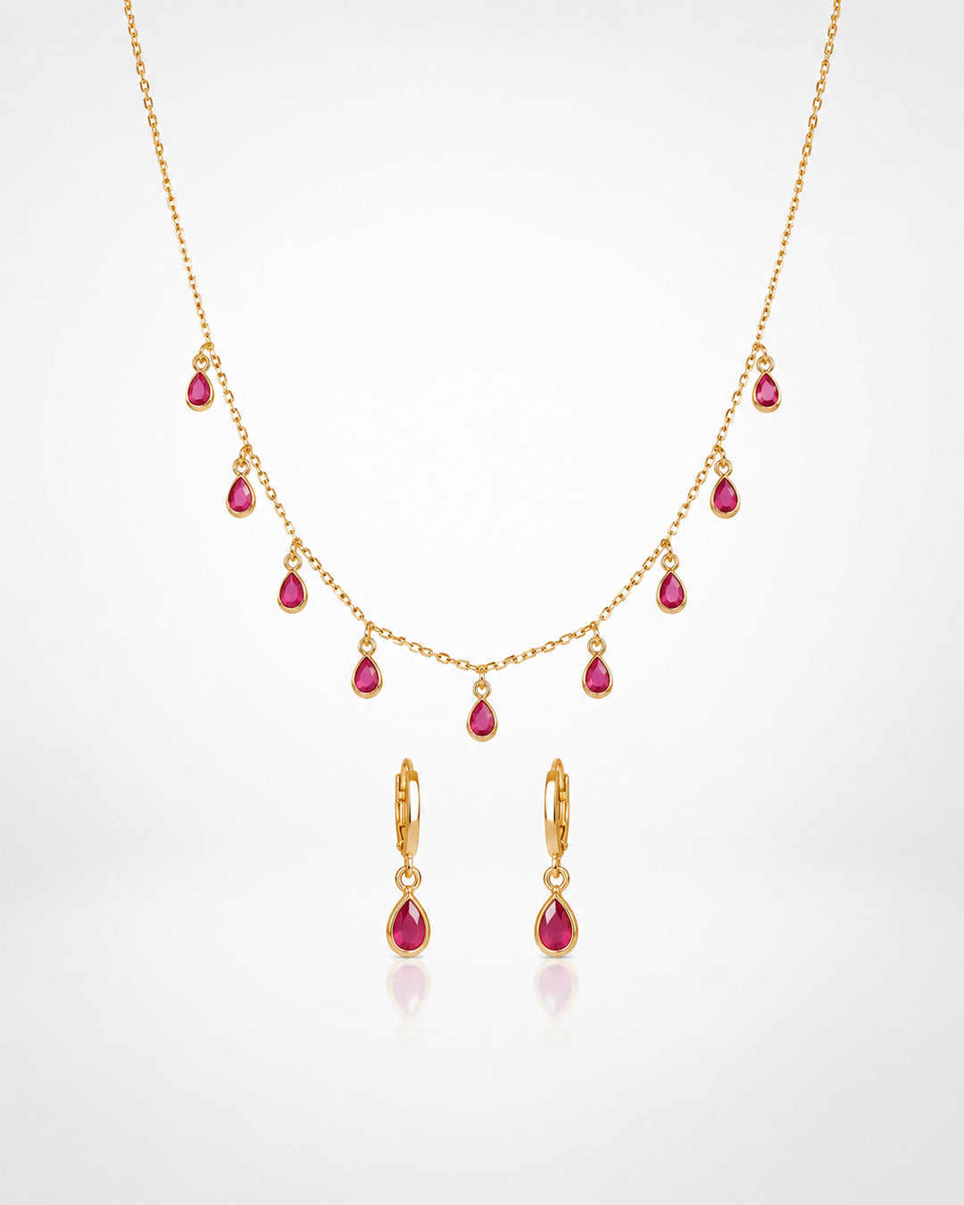 Ruby Teardrop Bezel Charm Necklace & Huggie Earring Set