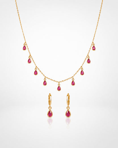 Ruby Teardrop Bezel Charm Necklace & Huggie Earring Set