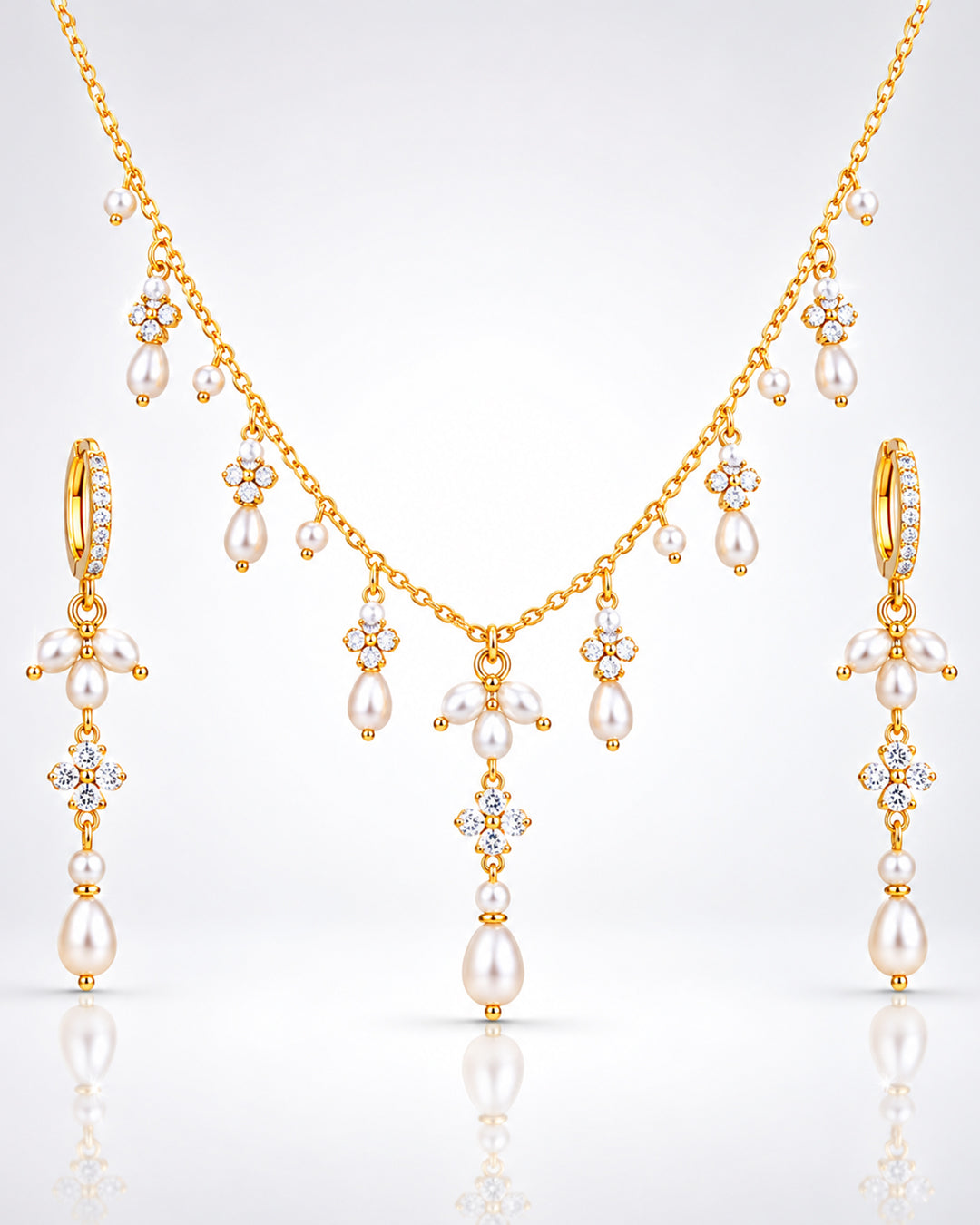 Pearl & CZ Cross Charm Station Necklace & Earring Set