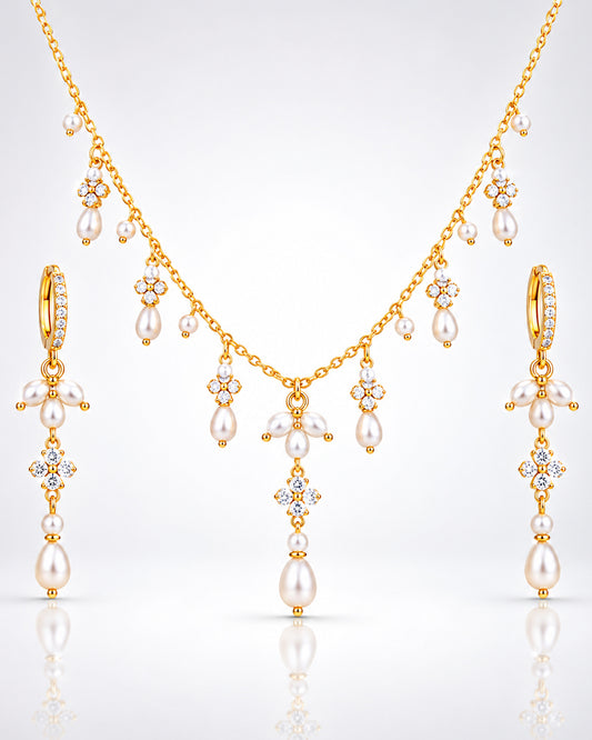 Pearl & CZ Cross Charm Station Necklace & Earring Set