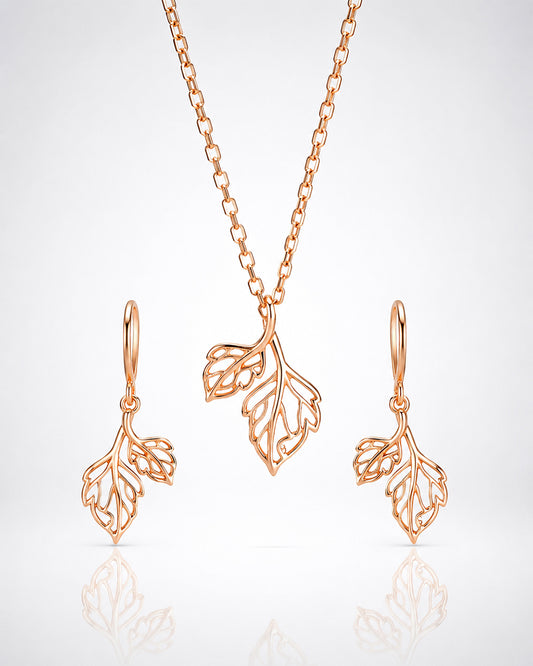 Rose Gold Filigree Leaf Pendant & Huggie Drop Earring Set