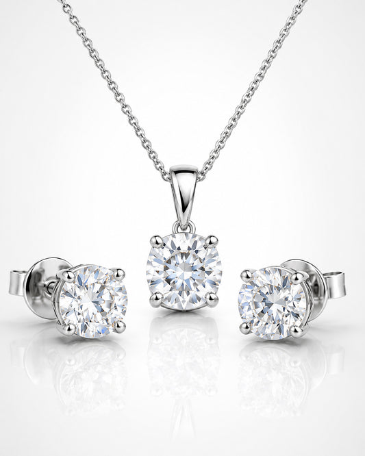 Round Brilliant Solitaire CZ Silver Pendant & Stud Se