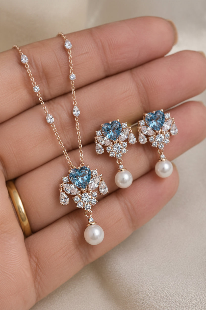 Blue Heart CZ Cluster & Pearl Rose Gold Necklace & Earring Set