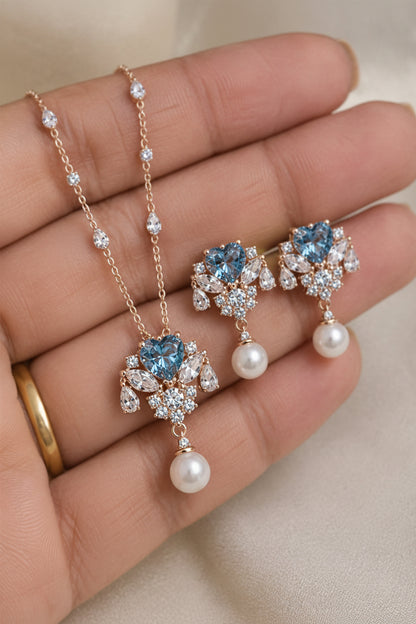 Blue Heart CZ Cluster & Pearl Rose Gold Necklace & Earring Set