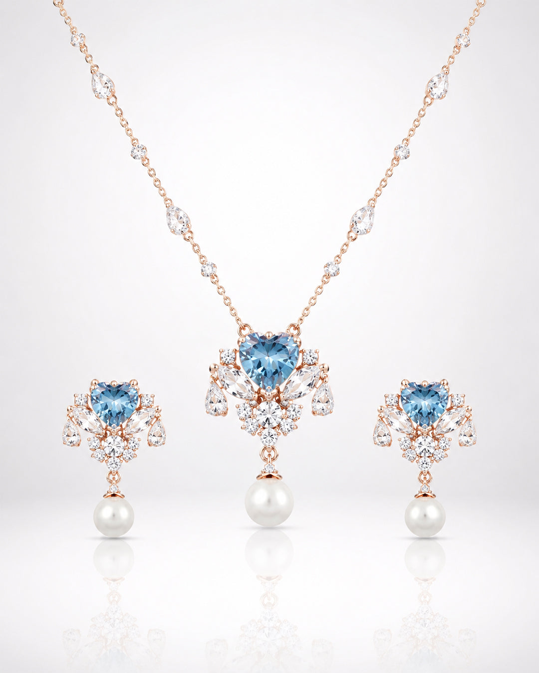 Blue Heart CZ Cluster & Pearl Rose Gold Necklace & Earring Set