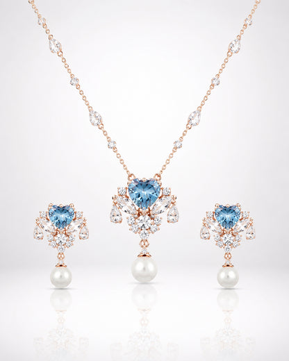 Blue Heart CZ Cluster & Pearl Rose Gold Necklace & Earring Set