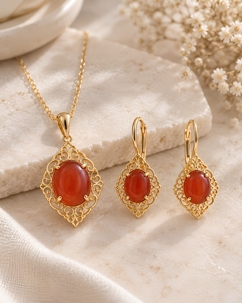Aqeeq Radiance Vintage Set – 925 Silver Gold-Plated Red Carnelian Oval Filigree Pendant & Earrings