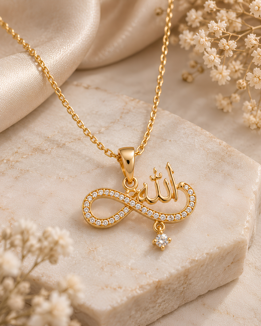 Allah Infinity Necklace – 925 Silver Gold-Plated Lab-Grown Diamond Infinity Allah Calligraphy Pendant