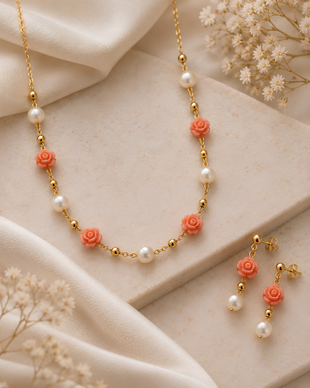 Coral Rose & Pearl Gold Station Necklace & Drop Earring Set