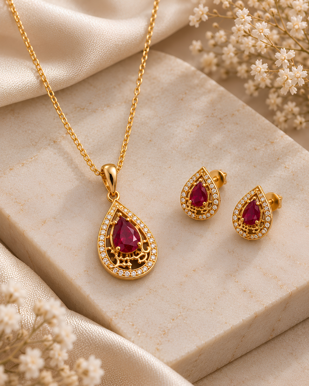 Ya Hussain Teardrop Set – 925 Silver Gold-Plated Hydro Ruby Pear CZ Filigree Halo Pendant & Earrings