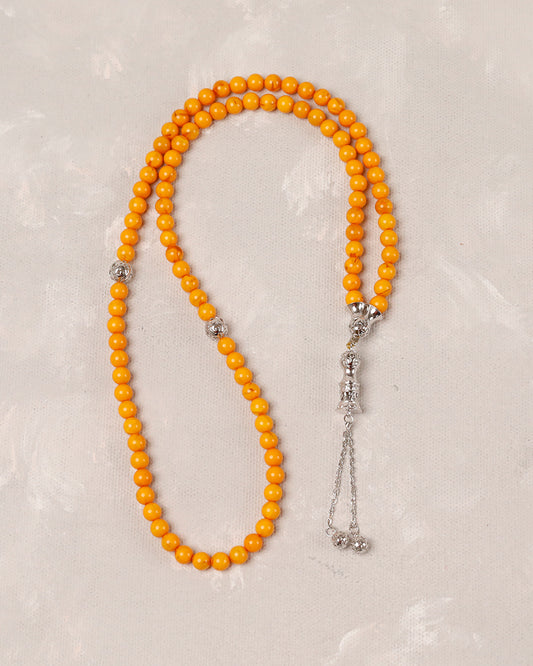 100% Natural Amber Ochre Yellow Real Silver 100 count tasbih