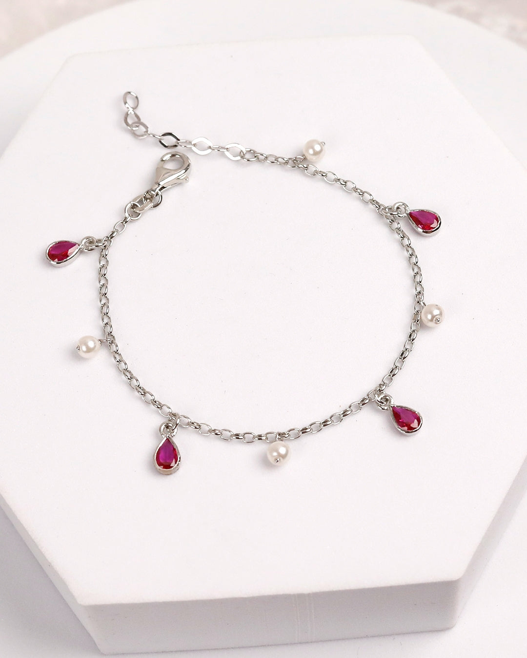 Ruby Pearl Drop Bracelet (925 Silver)