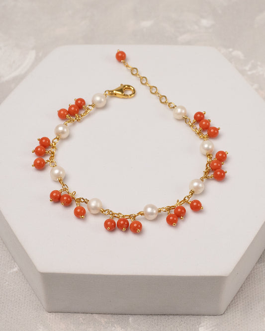 Coral Pearl Dangler Bracelet (925 Silver)