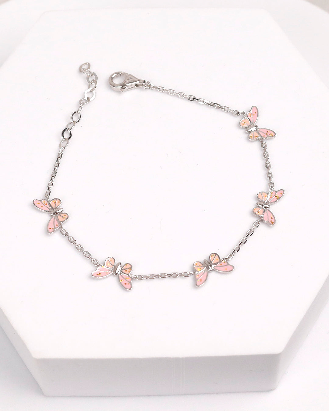 Pink Butterfly Enamel Bracelet (925 Silver)