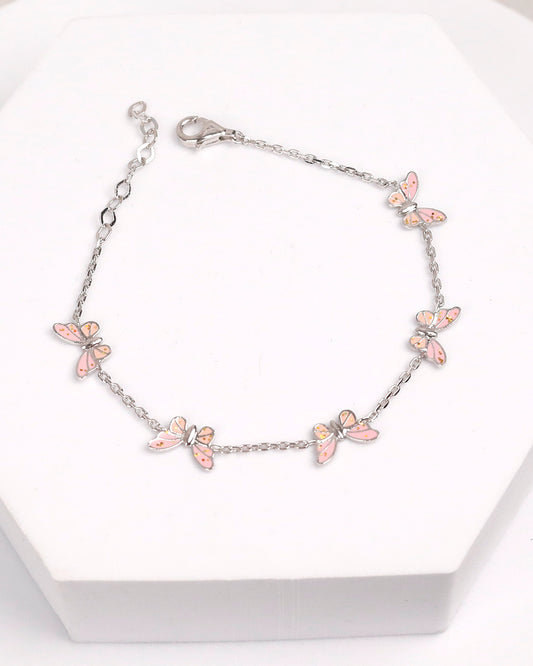 Pink Butterfly Enamel Bracelet (925 Silver)