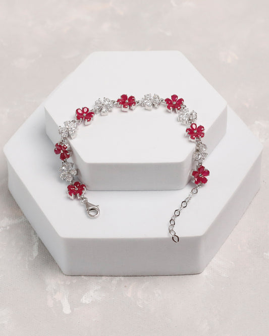 Ruby Sparkle Flower Tennis Bracelet (925 Silver)