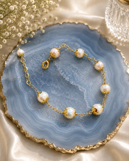 Freshwater 8mm Pearl & Gold Cap Station Bracelet (925 Silver)