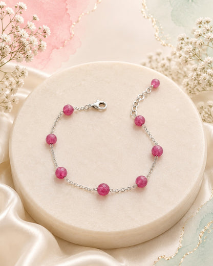 Faceted Ruby Bead Station Silver Bracelet (925 Silver)
