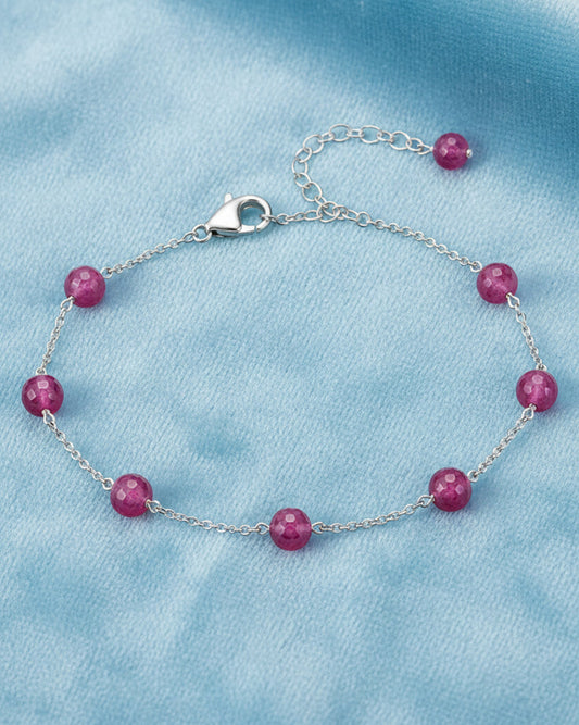 Faceted Ruby Bead Station Silver Bracelet (925 Silver)