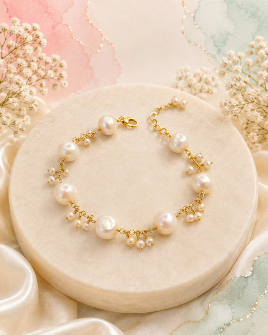 Baroque Pearl & Seed Pearl Cluster Gold Bracelet (925 Silver)