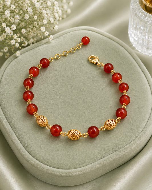 Aqeeq & Gold Filigree Bead Bracelet (925 Silver)