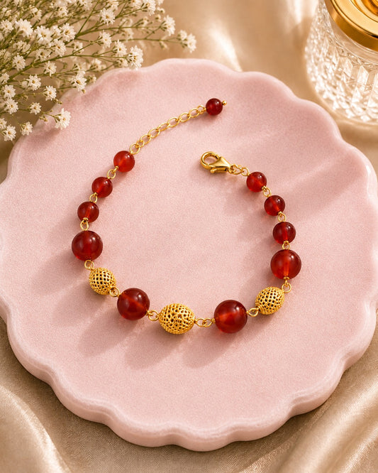 Aqeeq & Large Gold Filigree Bracelet (925 Silver)