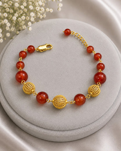 Aqeeq & Openwork Gold Sphere Bracelet (925 Silver)