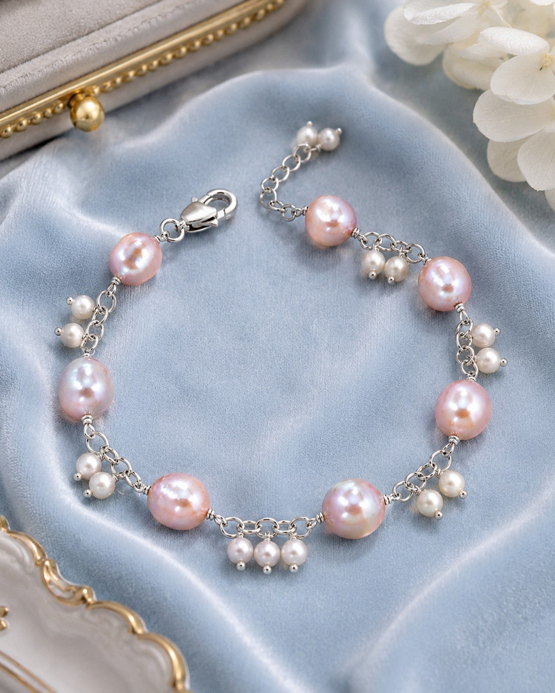 Pink Coin Pearl & Seed Pearl Cluster Silver Bracelet (925 Silver)