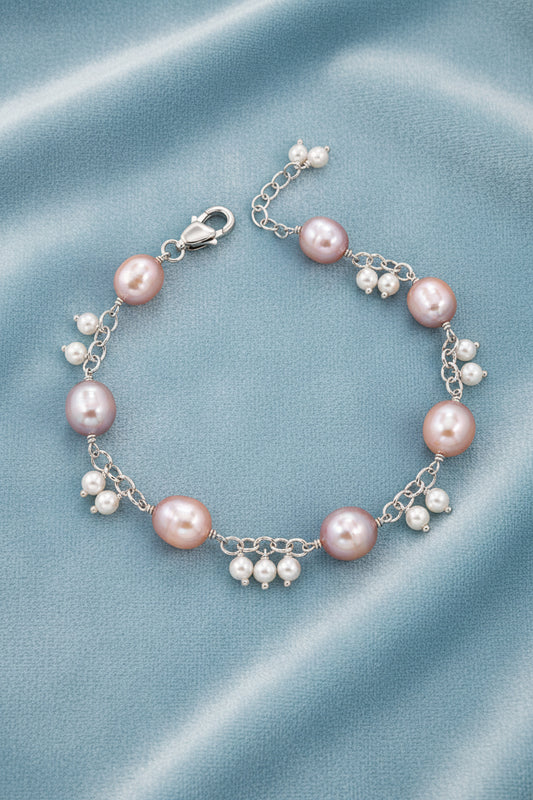 Pink Coin Pearl & Seed Pearl Cluster Silver Bracelet (925 Silver)