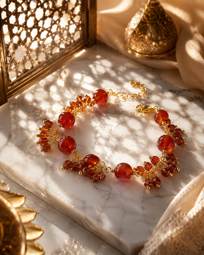 Aqeeq 8mm & Amber Crystal Dangler Gold Bracelet  (925 Silver)