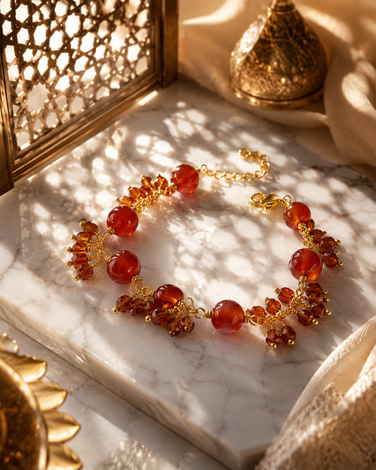 Aqeeq 8mm & Amber Crystal Dangler Gold Bracelet  (925 Silver)