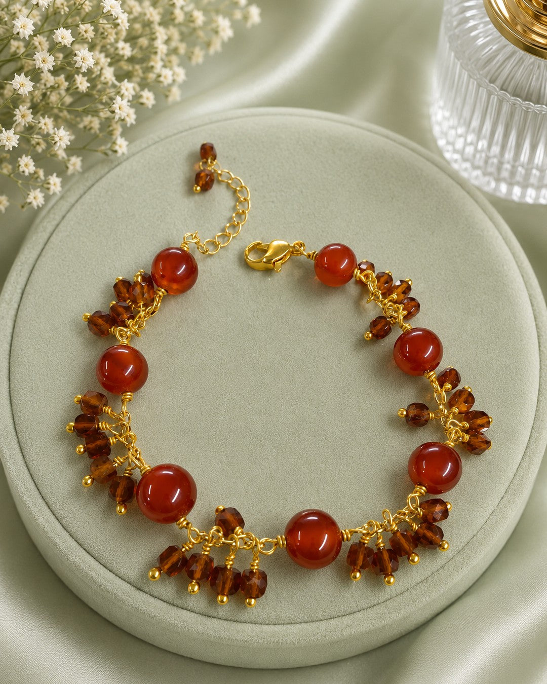 Aqeeq 8mm & Amber Crystal Dangler Gold Bracelet  (925 Silver)
