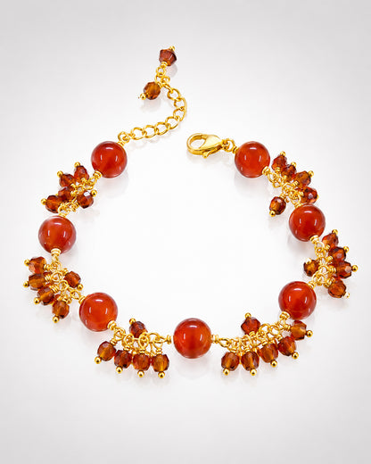 Aqeeq 8mm & Amber Crystal Dangler Gold Bracelet  (925 Silver)