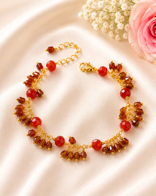 Aqeeq Faceted 6mm & Amber Crystal Dangler Gold Bracelet  (925 Silver)