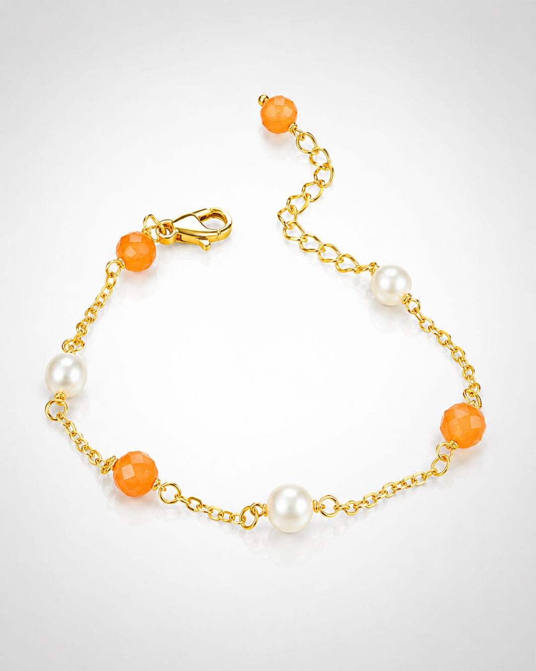 Faceted 6mm Carnelian & Freshwater Pearl Station Gold Bracelet (925 Silver)