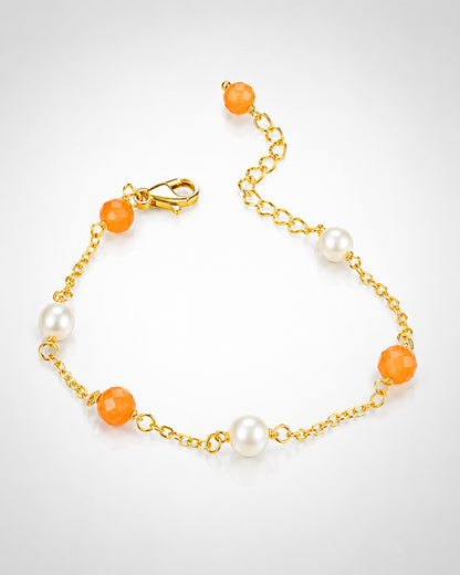 Faceted 6mm Carnelian & Freshwater Pearl Station Gold Bracelet (925 Silver)