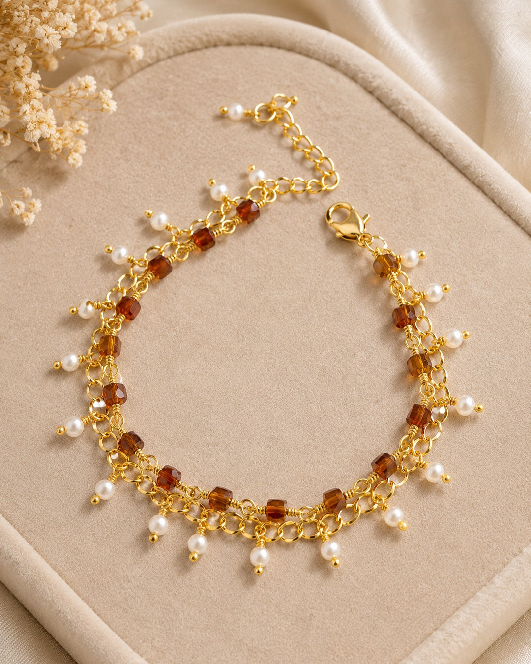 Amber Cube & Freshwater Pearl Double Fringe Gold Bracelet (925 Silver)